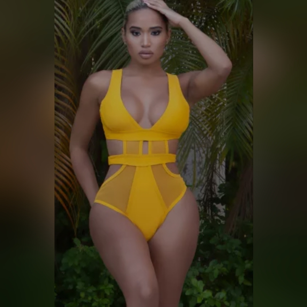 Vibrant Yellow One Piece Monokini with Cutouts